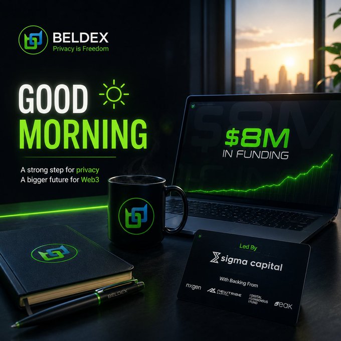 A Beldex promotional graphic reading 'GOOD MORNING - A strong step for privacy, A bigger future for Web3' announcing $8M in funding led by Sigma Capital, with backing from NXGen, Neutribe, Digital Fortress Fund, and Peak.