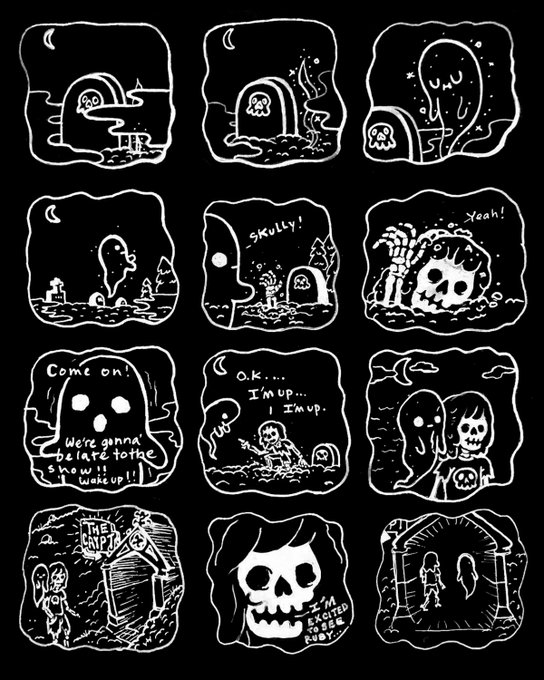 A black and white hand-drawn comic strip with 12 panels depicting spooky, skeletal characters, tombs, and text like "SKULLY!", "Yeah!", and "Come on! We're gonna be late to the show!! I wake up!!".