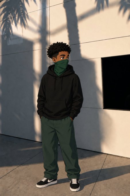 The image features a young man wearing a black hoodie and green pants standing outside of a building with his hands in his pockets. The photo has been edited to emphasize the importance of the content within the image, as indicated by the caption "focus on what is in the image and how it relates to the post".