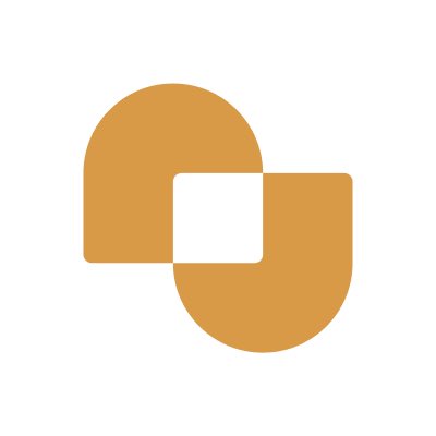 A simple orange logo consisting of two rounded shapes forming an abstract geometric design on a white background.