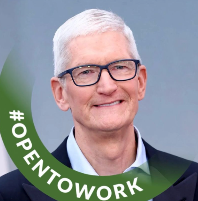 The image shows Tim Cook, CEO of Apple, smiling and wearing glasses and a dark blazer, overlaid with a green curved banner displaying the hashtag "#OPENTOWORK". The caption pairs with the post "Let him cook." to humorously suggest that despite his success leading Apple, he might be ready to leave and explore new opportunities.