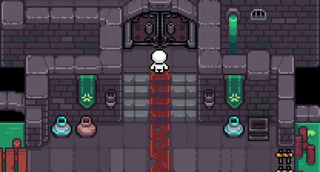 A pixel art game scene shows a white skeleton character standing on a red staircase leading up to large double doors in a dungeon-like room with green banners, potion bottles, and stone walls. The image appears as decorative artwork accompanying a guide about how the Gigamarket works for trading ROMs and Giglings in the Gigaverse ecosystem.