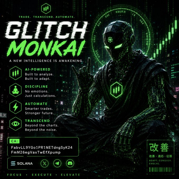 The image features a man dressed as a robot, sitting cross-legged with his arms raised in the air. The background of the image is black, which contrasts with the green color of the robot's suit. The text "GlitchMonkAi" and "Not another dog. Not another cat. Not another copy-paste AI project." are also present on the image.
