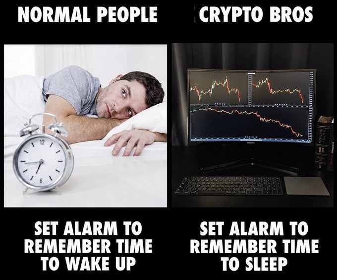 A two-panel meme contrasting 'NORMAL PEOPLE' (setting alarms to wake up) with 'CRYPTO BROS' (setting alarms to sleep while watching declining crypto charts on monitors).