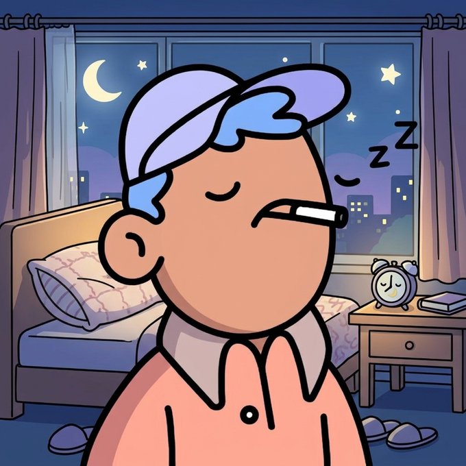 A cartoon illustration of a man with a cigarette in his mouth sleeping in a bedroom at night, with 'Z Z Z' indicating snoring. The room features a window showing a starry sky with a crescent moon, a bed with pillows, and a nightstand with an alarm clock.