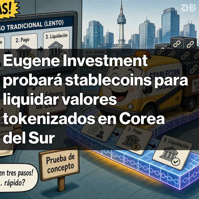 A news graphic with the headline 'Eugene Investment probará stablecoins para liquidar valores tokenizados en Corea del Sur,' showing an animated truck labeled 'STABLECOIN' with a Seoul cityscape.