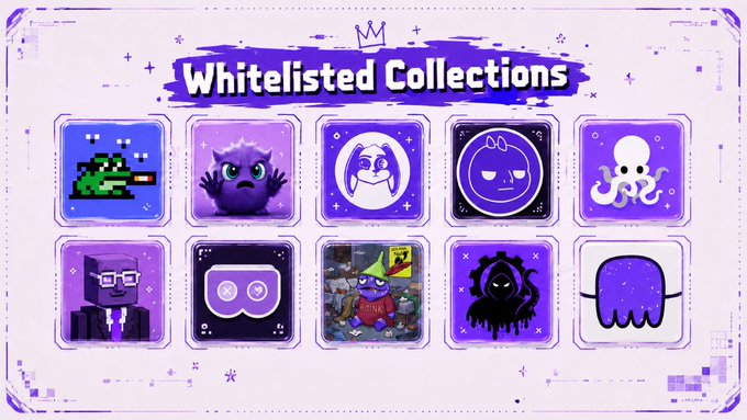 A purple-themed graphic titled "Whitelisted Collections" displays a 2x5 grid of pixel art icons representing the eligible NFT collections for the PengInk mint, including the various @inkonchain projects mentioned in the post such as Boinkverse, RektInk, Brokers on Ink, Shellies, Squids On Ink, and KrakRocks.