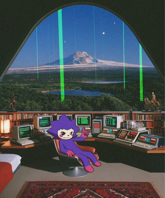 The image shows a purple cartoon character lounging confidently in a high-tech lair filled with computer terminals, surrounded by bookshelves and featuring a large arched window overlooking a snow-capped mountain landscape with green laser beams shooting into the sky. The "CM" (CoinMarketCap) reference and "generational wealth" caption tie into the meme's portrayal of someone effortlessly sitting atop crypto gains, with the futuristic command center symbolizing mastery over the market.