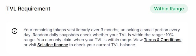 A UI snippet showing a 'TVL Requirement' status marked as 'Within Range,' explaining that remaining tokens vest linearly over 3 months and daily snapshots check TVL within a -10% range.