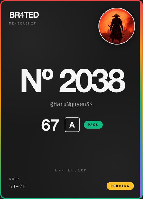 A dark-themed BR4TED Membership card displays "N° 2038", the handle "@HaruNguyenSK", a score of "67", an "A" grade, "PASS", and "PENDING" status, with a samurai avatar in the top right.