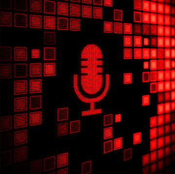 A digital graphic featuring a red microphone icon made of glowing dots, surrounded by a pattern of red squares on a black background.