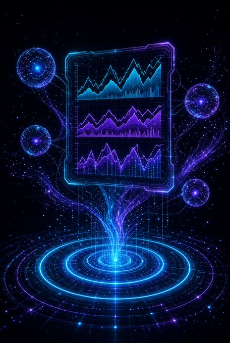 A futuristic neon-style digital interface displaying glowing blue and purple stock charts and data graphs emanating from a circular tech platform against a starry background.