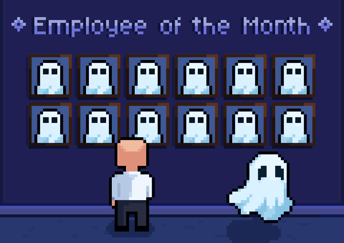 A pixel art office scene shows a suited employee standing next to a ghost in front of a "Employee of the Month" wall displaying twelve framed ghost portraits. The image cleverly ties to the post's NFT whitelist announcement by featuring the ghost collection prominently, suggesting these communities have earned "employee of the month" status with FCFS minting access.