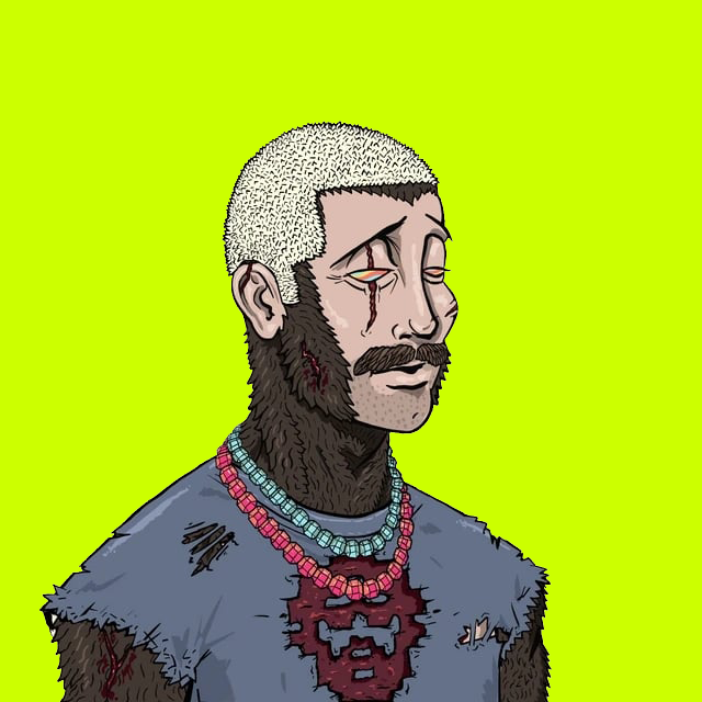 A digital illustration shows a bearded NFT-style character with pale skin, bloodshot eyes, a tear, and torn clothing adorned with a beaded necklace, set against a bright yellow-green background. The weary, battle-worn appearance reflects the post's commentary that the DeGods NFT collection hasn't truly recovered until it bridges to Robin Hood (likely referring to Coinbase's Base L2, known as the "Robin Hood of crypto" for its low-cost accessibility).