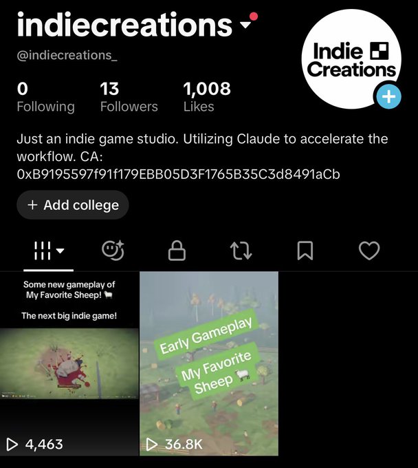 A TikTok profile for 'indiecreations' (@indiecreations_) with 13 followers and 1,008 likes, describing itself as an indie game studio using Claude, featuring a bio and gameplay thumbnails for 'My Favorite Sheep'.