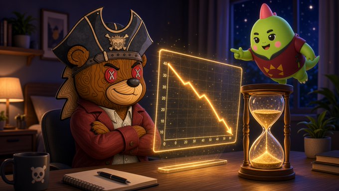 A bear in a pirate hat stands next to a glowing downward-trending graph and hourglass, with a green Sleepagotchi character pointing at the chart, visually emphasizing that the user's phone trackers are filled with abandoned data ("graveyard" graphs) while only Sleepagotchi's "Sleep Coach" remains actively used and informative.