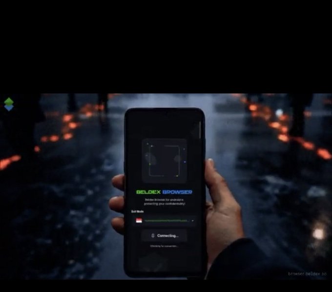 A first-person view of a hand holding a smartphone displaying a 'Delvex Browser' app connecting, with a blurred rainy street background and 'browser delvex 10' watermark.
