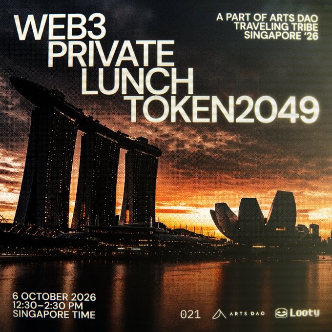 A promotional graphic for the 'WEB3 PRIVATE LUNCH TOKEN2049' event scheduled for 6 October 2026 in Singapore, featuring the Marina Bay Sands and ArtScience Museum silhouetted against a sunset skyline, with logos for 021, Arts DAO, and Looty.