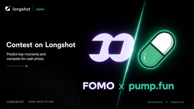 Promotional graphic for 'Contest on Longshot' featuring the Longshot logo and a green pill icon, with 'FOMO x pump.fun' text and social media handles at the bottom on a black background.