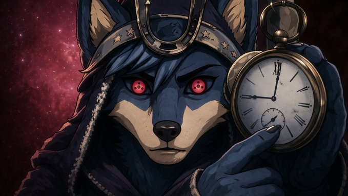 Anime-style artwork depicts an anthropomorphic wolf character with glowing red eyes and a crescent headpiece, holding a pocket watch.