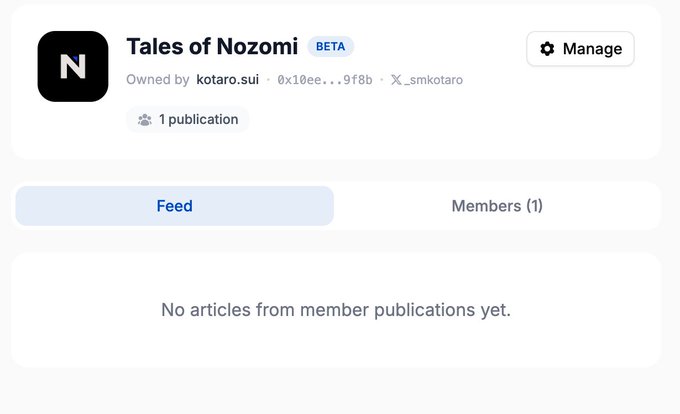 A screenshot of a publication page titled 'Tales of Nozomi' (BETA), owned by kotaro.sui, showing 1 publication and a Feed tab with the message 'No articles from member publications yet.'