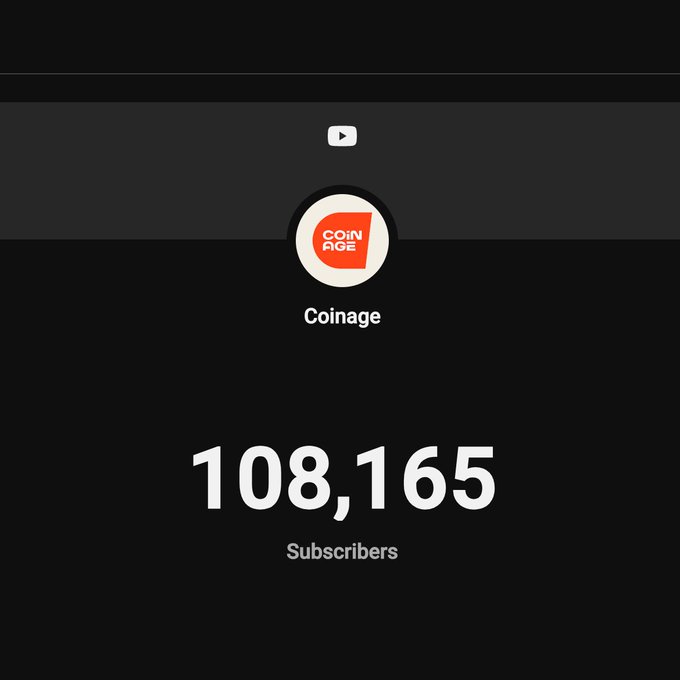 A dark-themed YouTube channel interface displaying the 'Coinage' logo and a subscriber count of 108,165.