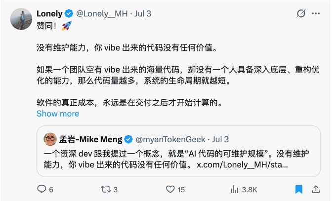 A screenshot of a Twitter/X post by user 'Lonely @Lonely_MH' dated July 3 discussing how code produced by vibe-coding has no value without maintenance capability, quoting another post by '孟岩-Mike Meng @myanTokenGeek' about the concept of 'AI代码的可维护规模' (maintainable scale of AI code).