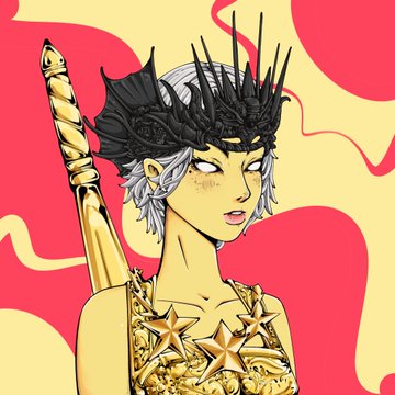 An anime-style illustration of a yellow-skinned character with a spiky black crown-like hairstyle and a gold star-adorned top, holding a golden staff against a red and yellow swirly background.