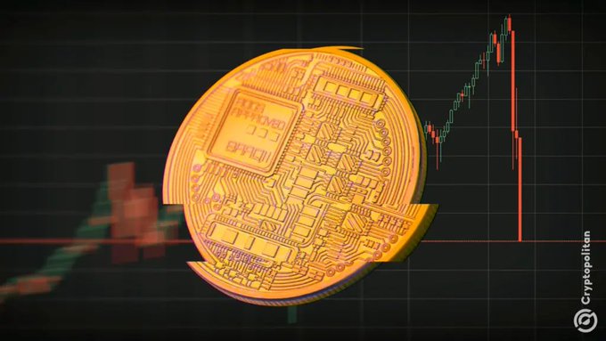 A 3D render of a gold Bitcoin coin with a circuit board design sits in front of a candlestick chart showing a dramatic price drop, branded 'Cryptopolitan'.