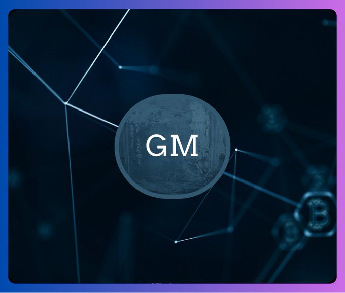 A stylized digital graphic with a blue and purple gradient background featuring glowing network lines and a central sphere displaying the letters 'GM', commonly used in the crypto community.