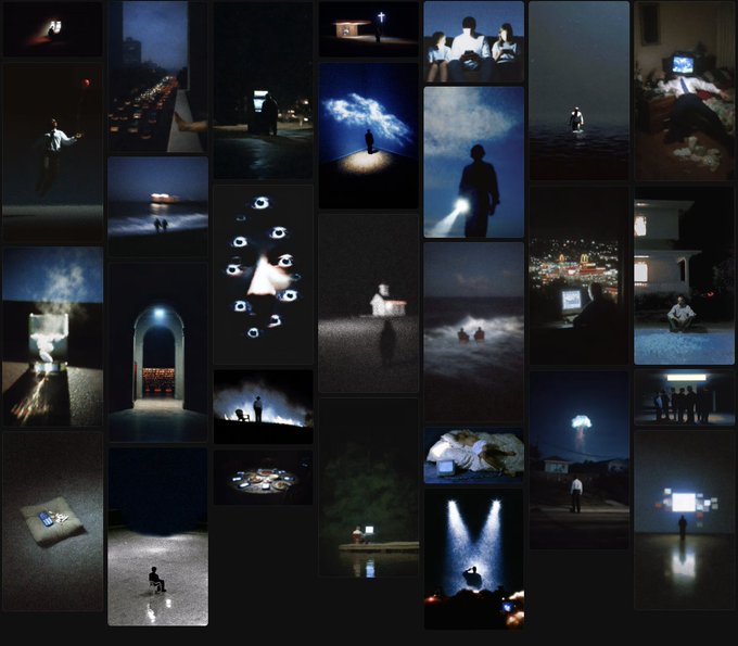 A grid collage of multiple small, dark, moody photographs, many featuring silhouetted figures, glowing lights, and night scenes in what appears to be a gallery setting.