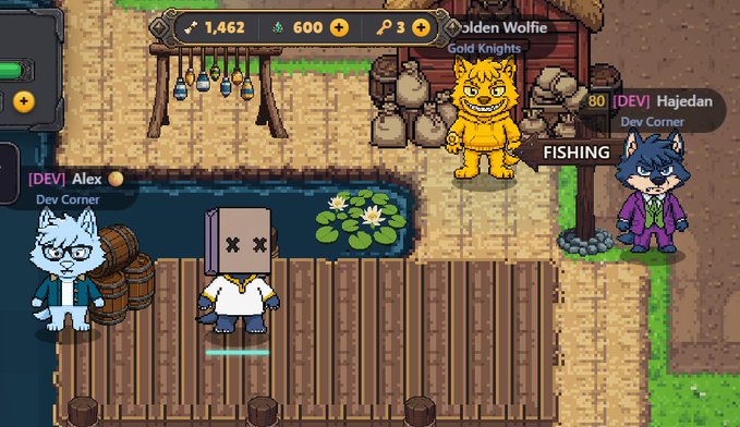 Pixel art MMORPG game screenshot showing player characters [DEV] Alex (wolf avatar) and [DEV] Hajedan near NPC Golden Wolfie of the Gold Knights, with currency displays showing 1,462 gold and 600.