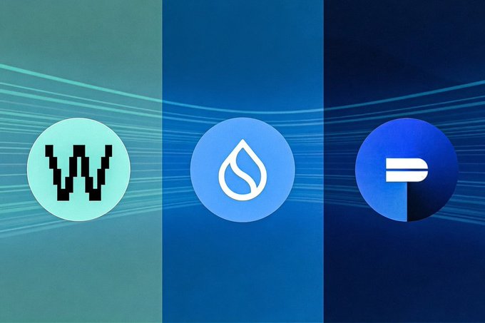 Three circular crypto/web3 logos displayed against a blue background with flowing light streaks: the Wrapped W token, the Sui (SUI) water drop logo, and the Polygon (MATIC) logo.