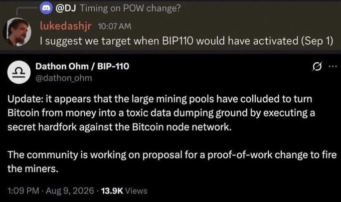 A Discord exchange shows user "lukedashjr" responding to "@DJ" at 10:07 AM with "I suggest we target when BIP110 would have activated (Sep 1)," alongside a quote-tweet from "Dathon Ohm / BIP-110" (@dathon_ohm) at 1:09 PM Aug 9, 2026 (13.9K views), stating that large mining pools have executed a "secret hardfork" and the community is drafting a proof-of-work change proposal to "fire the miners" — visually corroborating the post's claim that Luke Dashjr is targeting September 1 for a BIP-110 hard fork to alter Bitcoin's Proof-of-Work.