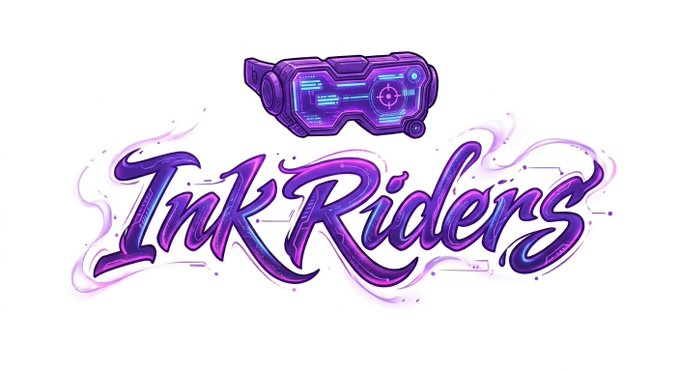 The image displays a stylized logo featuring the text "Ink Riders" in a dynamic purple and pink graffiti-style font, accompanied by an illustration of futuristic purple-tech goggles or VR eyewear with glowing blue accents. The vibrant purple aesthetic directly ties into the "purple ink galaxy" theme mentioned in the post, serving as a striking visual identity for this limited 24-hour, 500-wallet guaranteed offering.