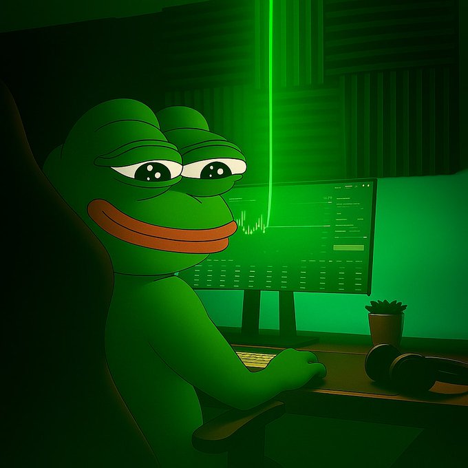 A digital illustration of the Pepe the Frog meme sitting at a computer desk in a dark room illuminated by a green monitor displaying financial charts.