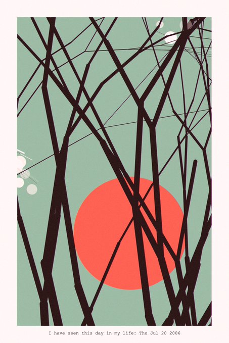 A minimalist art print featuring black tree branches silhouetted against a teal background with a red sun, captioned 'I have seen this day in my life: Thu Jul 20 2006'.