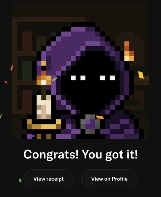 A pixel art character in a purple wizard robe celebrates a successful transaction, with the text "Congrats! You got it!" displayed alongside "View receipt" and "View on Profile" buttons. The hooded wizard imagery aligns with the post's "Hoods Up!" reference, suggesting a crypto purchase or NFT acquisition tied to Mancer's platform.
