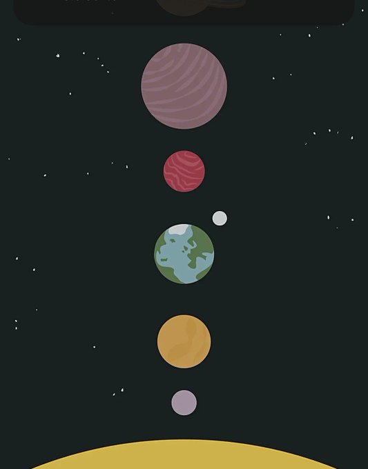 A digital illustration of a solar system showing planets (including a large purple/pink planet, a red planet, Earth-like, and others) aligned vertically against a dark starry space background with a yellow sun or planet edge at the bottom.