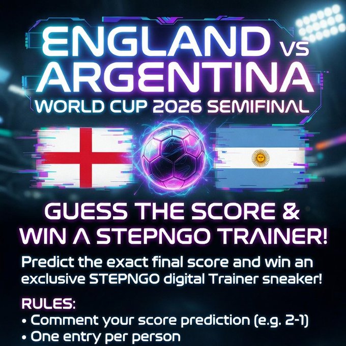 A promotional graphic for a "Guess the Score" contest featuring an England vs Argentina World Cup 2026 Semifinal match, offering a STEPNGO digital Trainer sneaker as the prize. The design displays both national flags alongside a neon-styled soccer ball, with instructions to comment a score prediction for a chance to win.