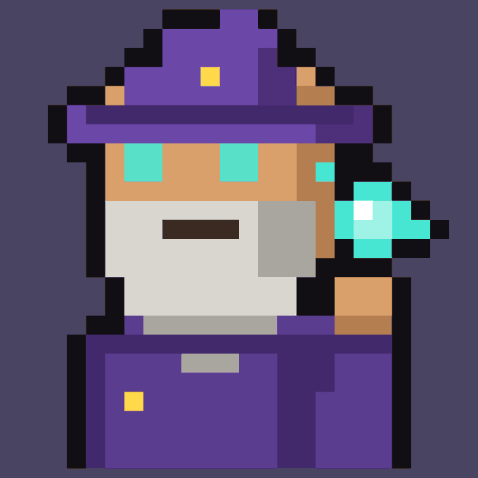 A pixel art character wearing a purple hooded outfit and a white face mask, holding a glowing cyan sword.