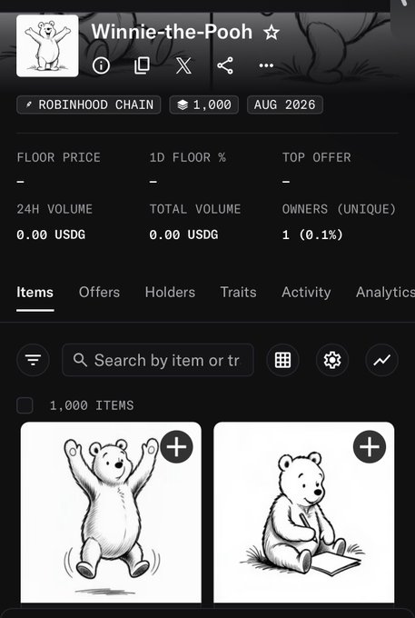 The image shows an OpenSea collection page for “Winnie-the-Pooh” on Robinhood Chain, with 1,000 items and one unique owner (0.1%). It features black-and-white Pooh artwork inspired by E.H. Shepard’s public-domain illustrations for the 1926 A.A. Milne book, although the post references Bitcoin Ordinals and 25 variants.
