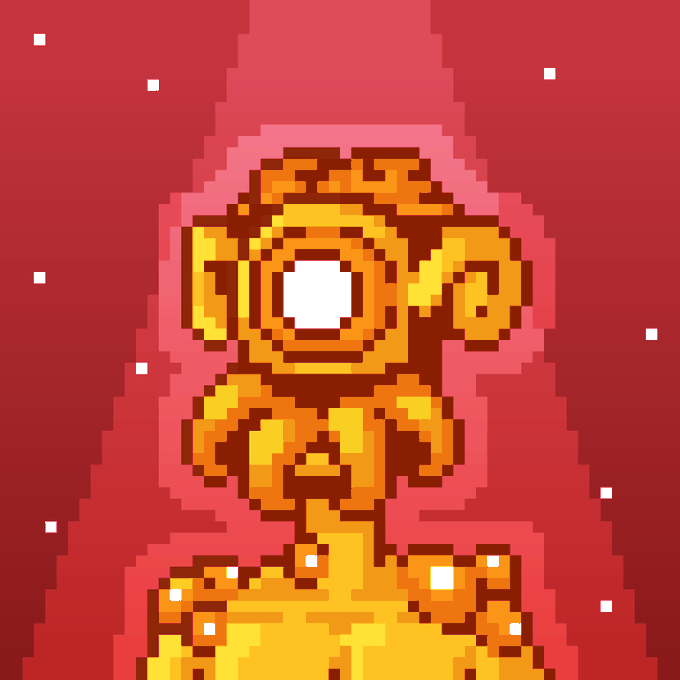 A pixel art golden humanoid figure with a large central eye stands against a red background, representing one of the XenoPunks NFTs being revealed and showcased on OpenSea.