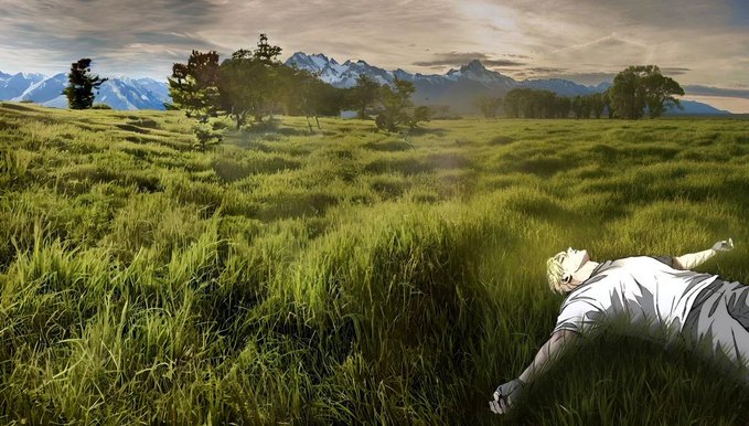 An anime-style illustration depicting a blonde character lying in a grassy field with mountains in the background during a sunset or sunrise.