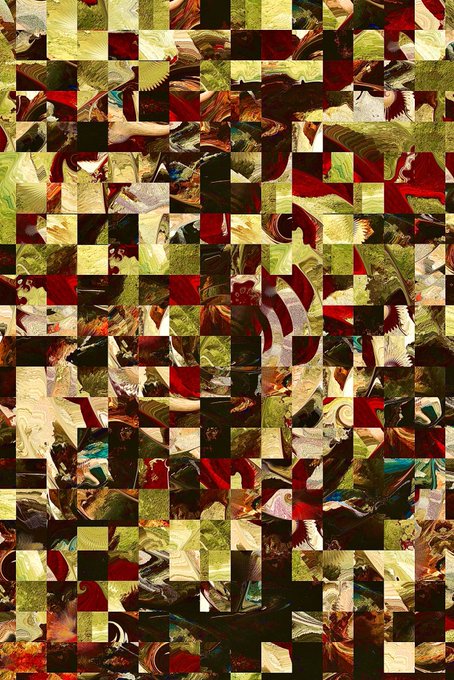 An abstract pixelated mosaic composed of distorted checkerboard tiles in red, green, yellow, and dark earth tones, creating a chaotic, glitch-art effect.
