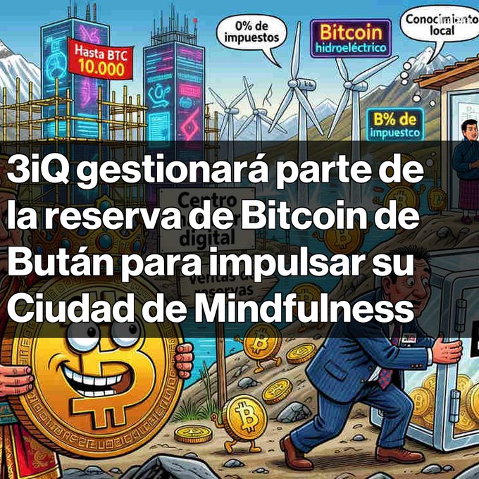 A cartoon illustration showing Bitcoin-themed graphics with Spanish text reading '3iQ gestionará parte de la reserva de Bitcoin de Bután para impulsar su Ciudad de Mindfulness', featuring a Bitcoin logo, wind turbines, and a businessman character.