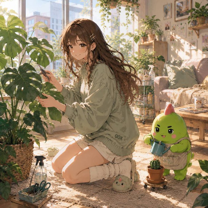 An anime-style illustration features a girl in a green sweater tending to indoor plants, accompanied by a green creature with a red horn watering a small cactus.