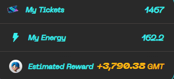A dark interface panel displaying account metrics: 'My Tickets 1467' with a rocket icon, 'My Energy 162.2' with a lightning bolt icon, and 'Estimated Reward +3,790.35 GMT' with a user avatar.