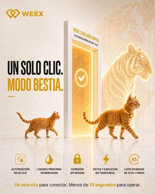 An advertisement for WEEX cryptocurrency exchange in Spanish, featuring orange cats with the slogan "UN SOLO CLIC. MODO BESTIA." promoting one-click client authorization.