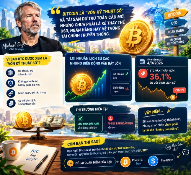 An infographic featuring Michael Saylor, CEO of Strategy, discussing Bitcoin as 'digital capital' with Vietnamese text, comparing BTC, USD, banks, and traditional finance, and noting Bitcoin is down 36.1% from its all-time high on 4/9/2026.